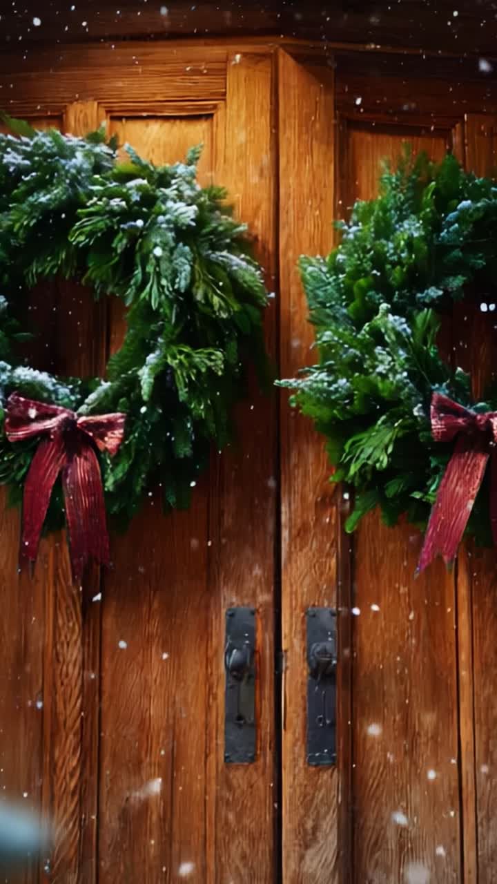 Festive Winter Holiday Decor: Two Beautifully Adorned Christmas Wreaths with Bows on a Rustic Wooden Door, Surrounded by Softly Falling Snowflakes Creating a Cheerful Atmosphere