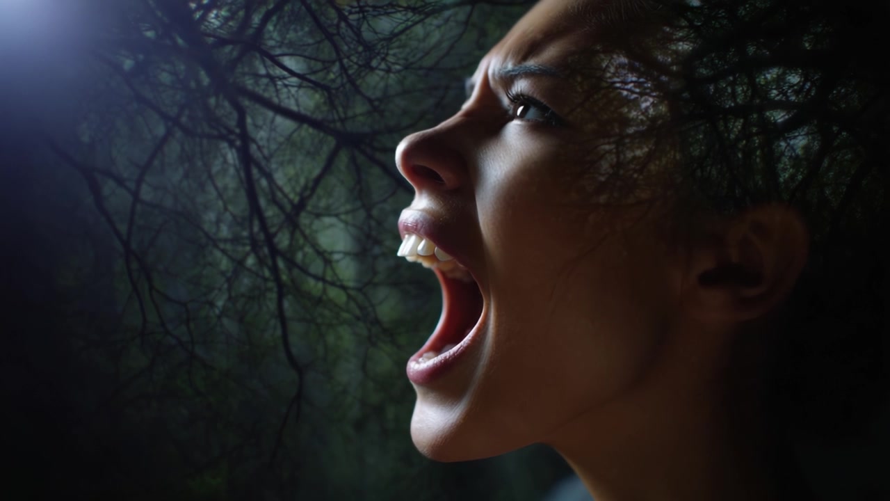 Un'intensa espressione emotiva catturata in un momento, che mostra un potente urlo intrecciato con l'immaginario surreale di alberi e ombre intorno al volto di una persona.
