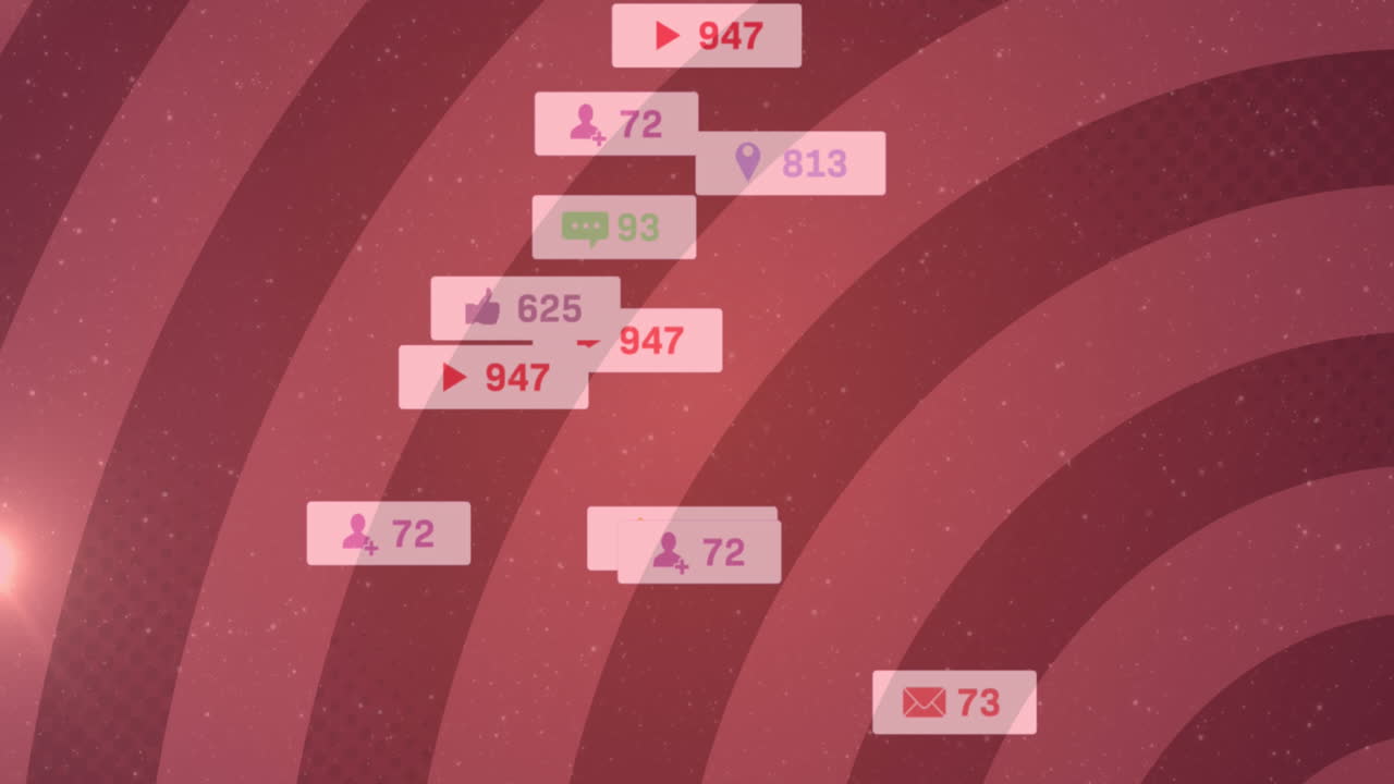 animación de iconos de redes sociales en banners sobre rayas curvas rosadas