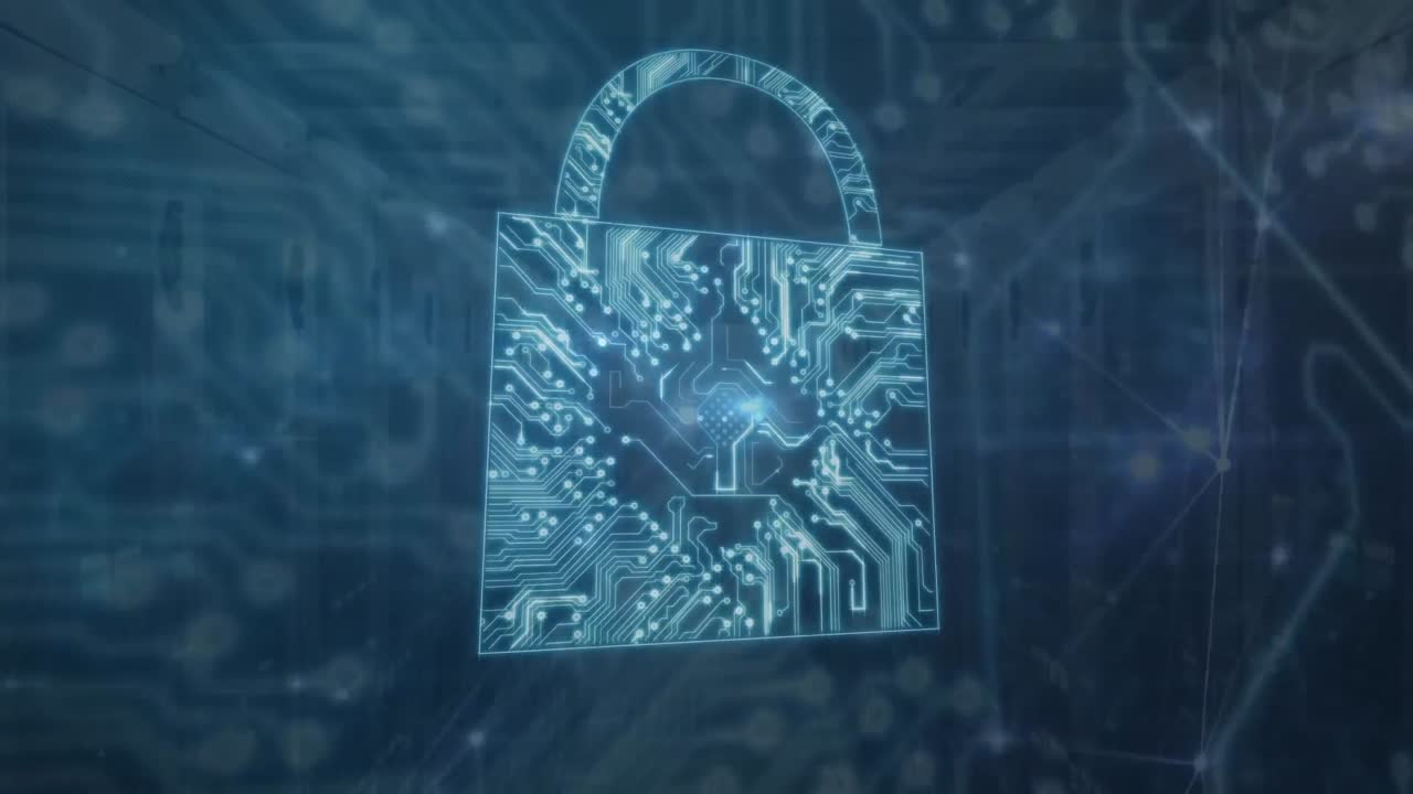 animación del icono del candado de seguridad y la red de conexiones contra la sala de servidores de computadoras.