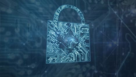 animazione dell'icona del lucchetto di sicurezza e della rete di connessioni contro la sala server del computer.