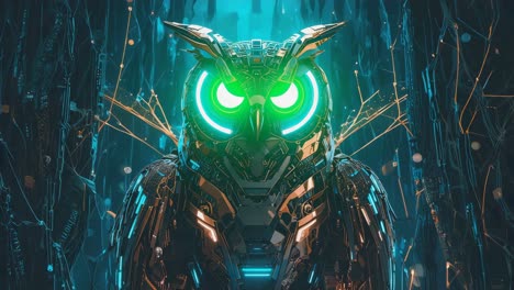 futuristic robotic owl with glowing green eyes