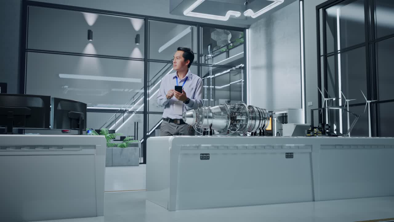 Engineer Reviewing Jet Engine in Modern Lab