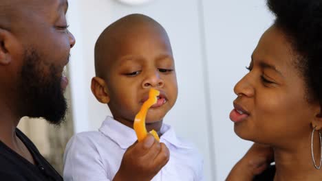 parents looking at their son while eating bell pepper at home 4k