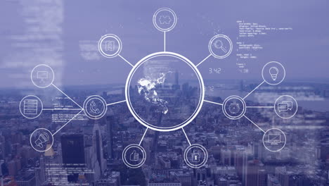 animation of network of connections with globe and icons over data processing and city