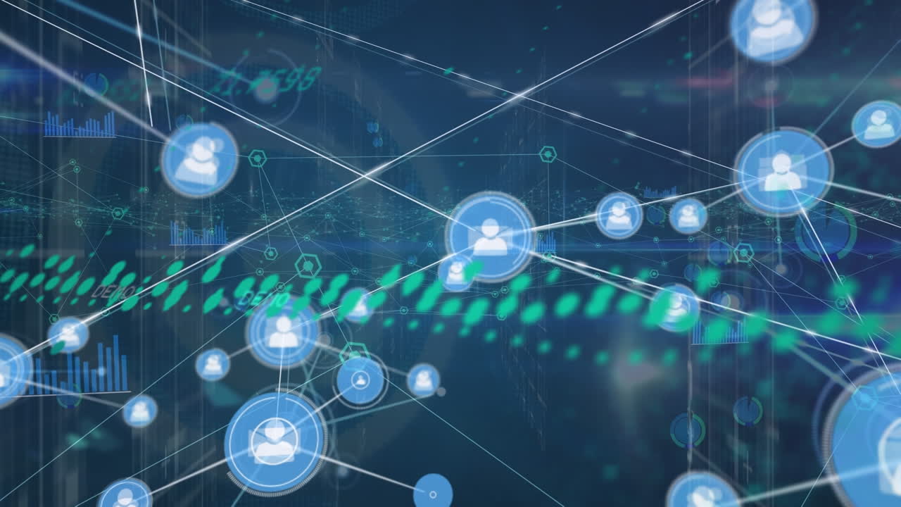 animación de la red de conexiones y la interfaz digital sobre fondo azul