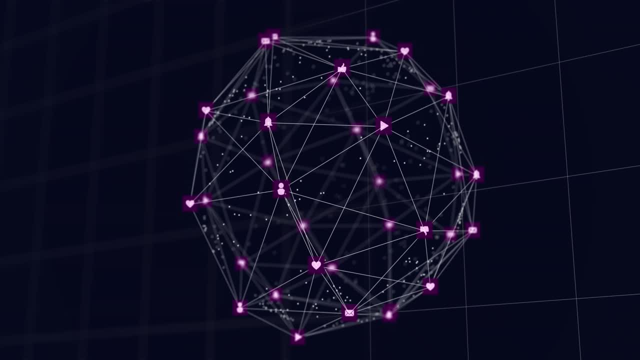 animación de conexiones de red púrpura que forman un globo con iconos de redes sociales en fondo negro