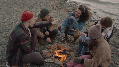 vista superior de un grupo de amigos adolescentes sentados alrededor de la hoguera mientras asan salchichas y hablan