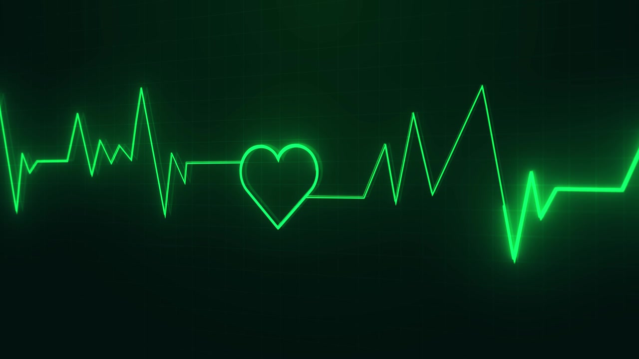 Visualizzazione luminosa di impulso cardiaco ECG con forma d'onda verde, griglia medica e stile schermo sanitario scuro.