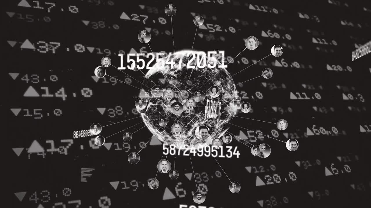 어두운 배경 위의 데이터 처리 및 연결 네트워크의 애니메이션