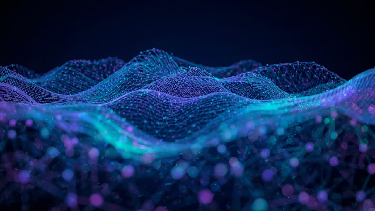 Revealing 3D mesh grid undulating across deep blue digital void, with pulsating nodes glowing