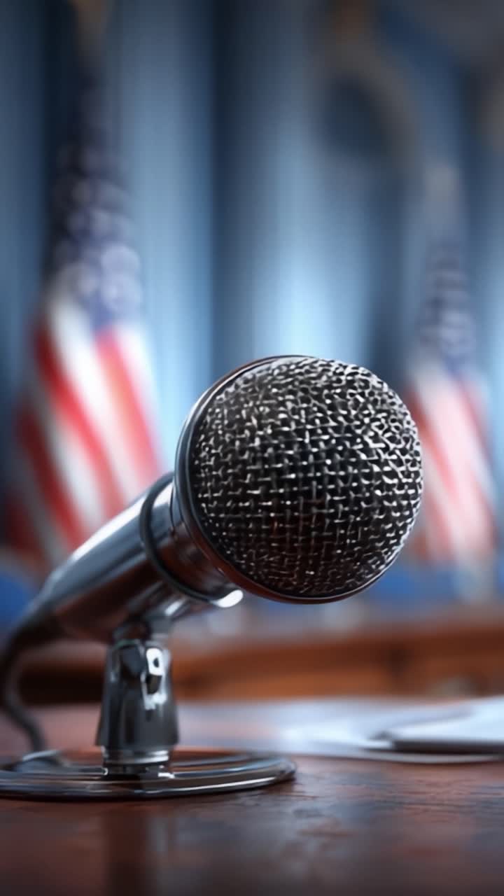 Un potente primo piano di un microfono in una camera legislativa, che simboleggia il dibattito pubblico e l'impegno democratico tra bandiere americane.