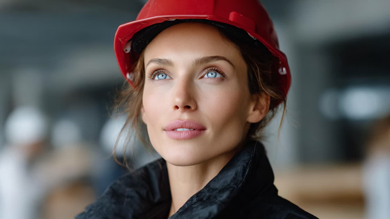 A Confident Construction Worker Wearing a Red Hard Hat Looks Upward with Determination, Showcasing Professionalism and Focus in a Dynamic Work Environment