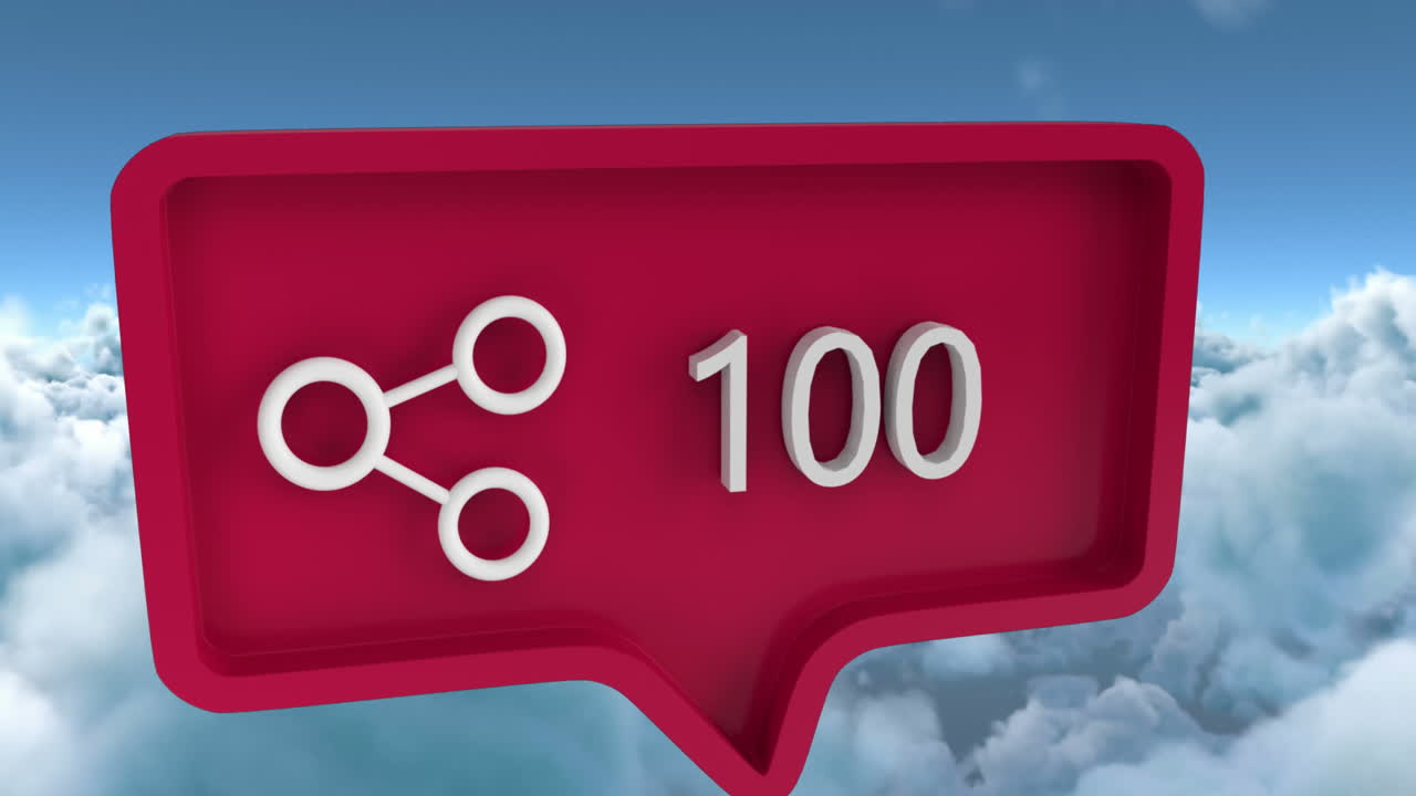 анимация значка акции с цифрами на речевом пузырьке над небом и облаками