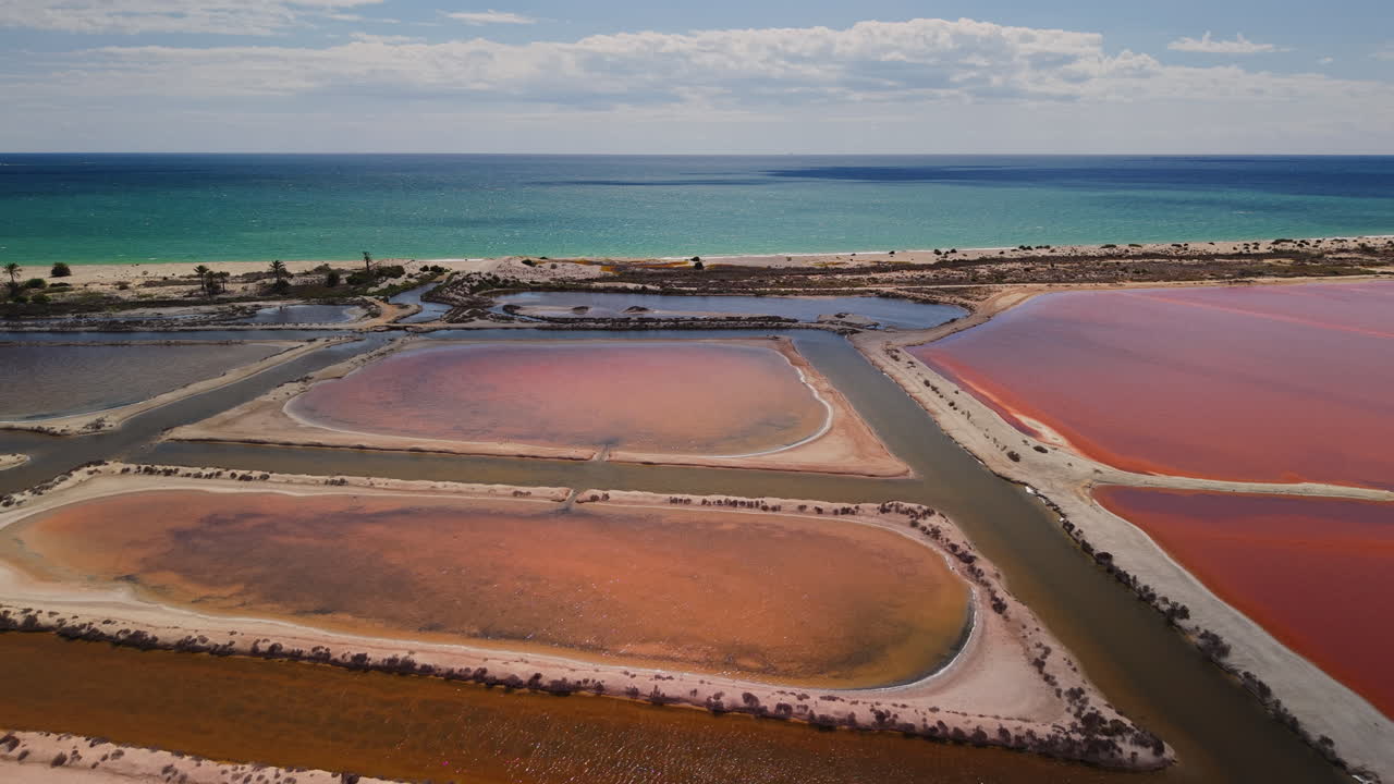 Aerial View of Colorful Salt Ponds by the Beach