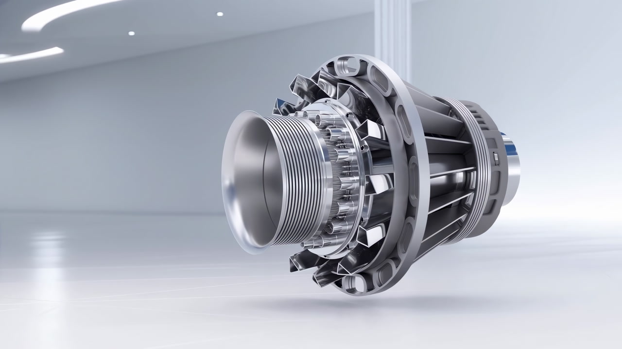 Polished Turbine Hub On White Studio Floating Product Render In Minimalist Showroom Closeup Of Metallic