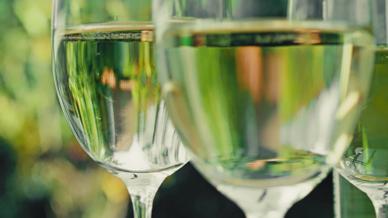 Primo piano di tre calici eleganti con delizioso vino bianco davanti a uno sfondo naturale.