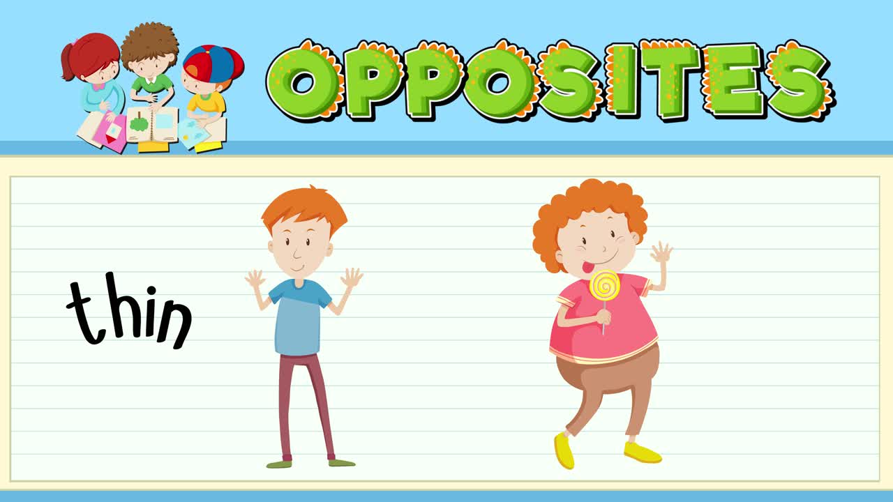Colorful animation illustrating the concept of opposites with thin and fat characters, featuring playful transitions and vibrant visuals