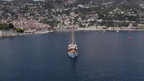Massive-Luxury-Yacht-on-Mediterranean,-France-Coastline---Aerial-Orbit