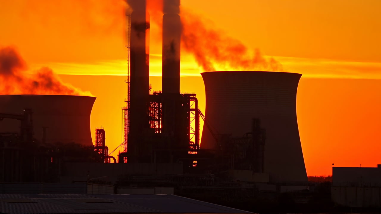 Industrial Plant Silhouette At Sunset Smoke Plumes Rising From Chimneys And Cooling Towers Backlit By Vivid