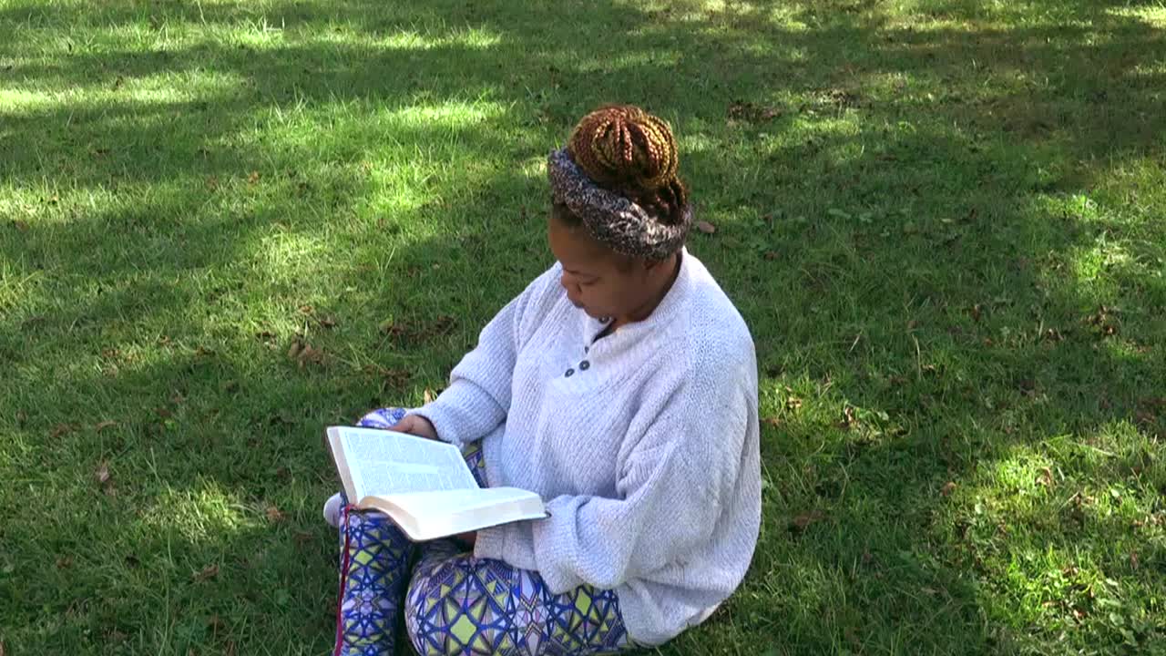 vista de pájaro de una mujer negra sentada en el césped leyendo su biblia y disfrutando de la belleza natural y la creación de dios en un día soleado