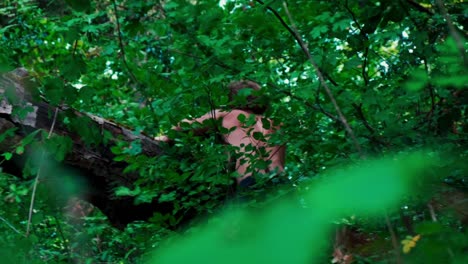 handheld shot of white european shirtless male climbing tree in green forest