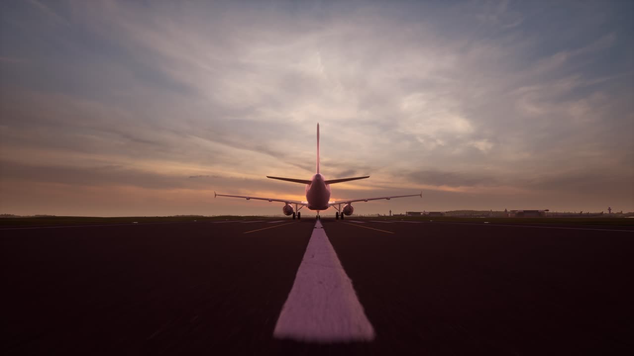Avión aproximándose a la pista de aterrizaje al atardecer