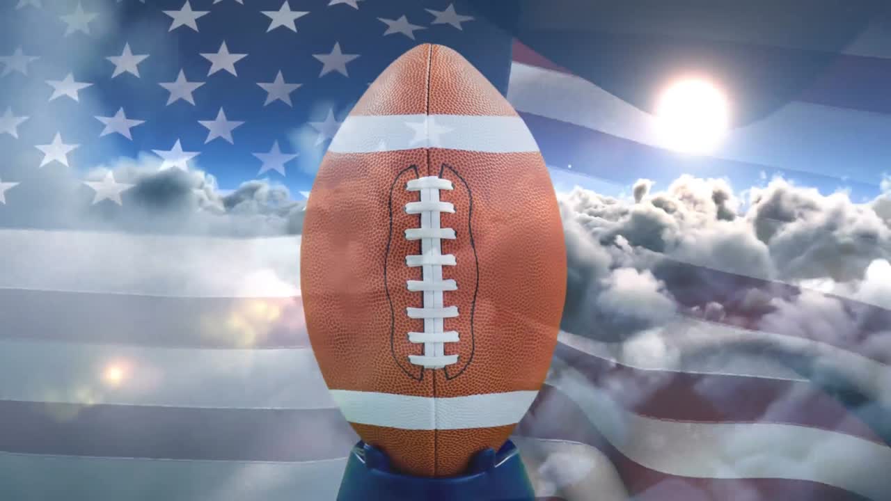 ラグビーボールと風になびくアメリカ国旗のデジタルアニメーション 4K