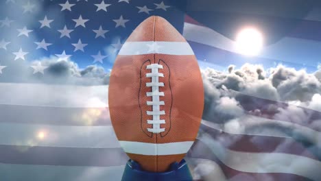 animación digital de la pelota de rugby y la bandera estadounidense balanceándose 4k