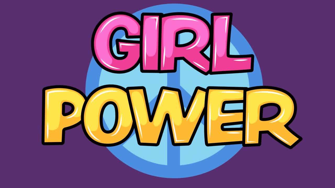 Animação de girl power sobre fundo violeta com símbolo da paz