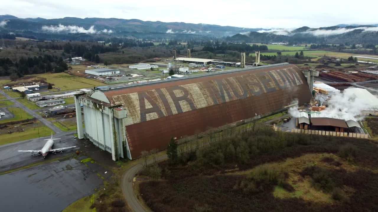 US, Oregon, Tillamook, , 2025-02-18 - Drone view of the WWII Blimp Base (now a museum - Tillamook Air Museum) on the Oregon Coast in winter. This is Hanger A which burned down in 1992
