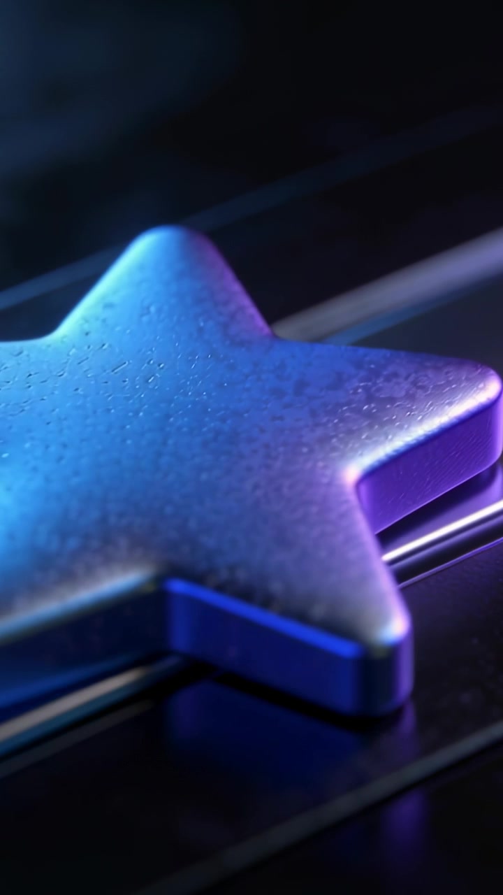 Vertical video: Sliding shot showing 5-pointed metal star on grooved rail under blue purple lights