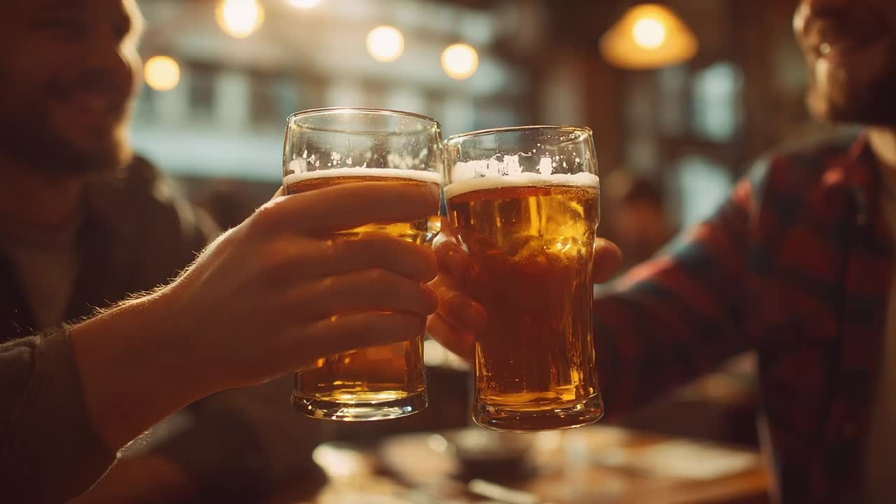 Amici che brindano con birre in un pub animato la sera
