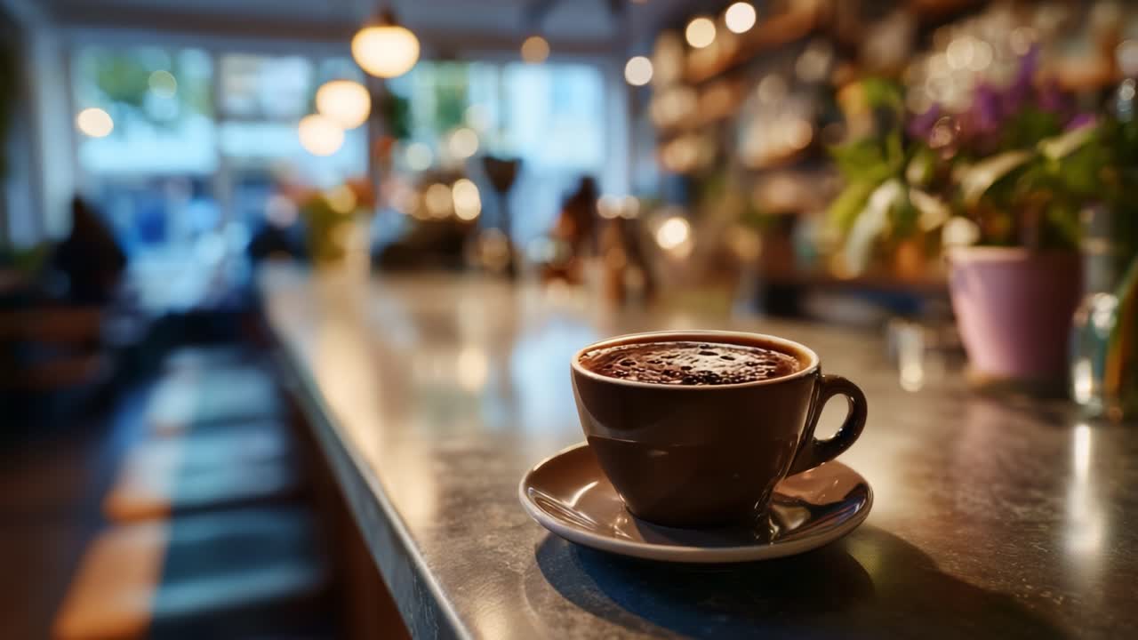 Eine wunderschön gebrühte Tasse Kaffee auf einem Tisch in einem warm beleuchteten Café, umgeben von gemütlichem Dekor und einladender Atmosphäre – perfekt für Entspannung und Unterhaltung