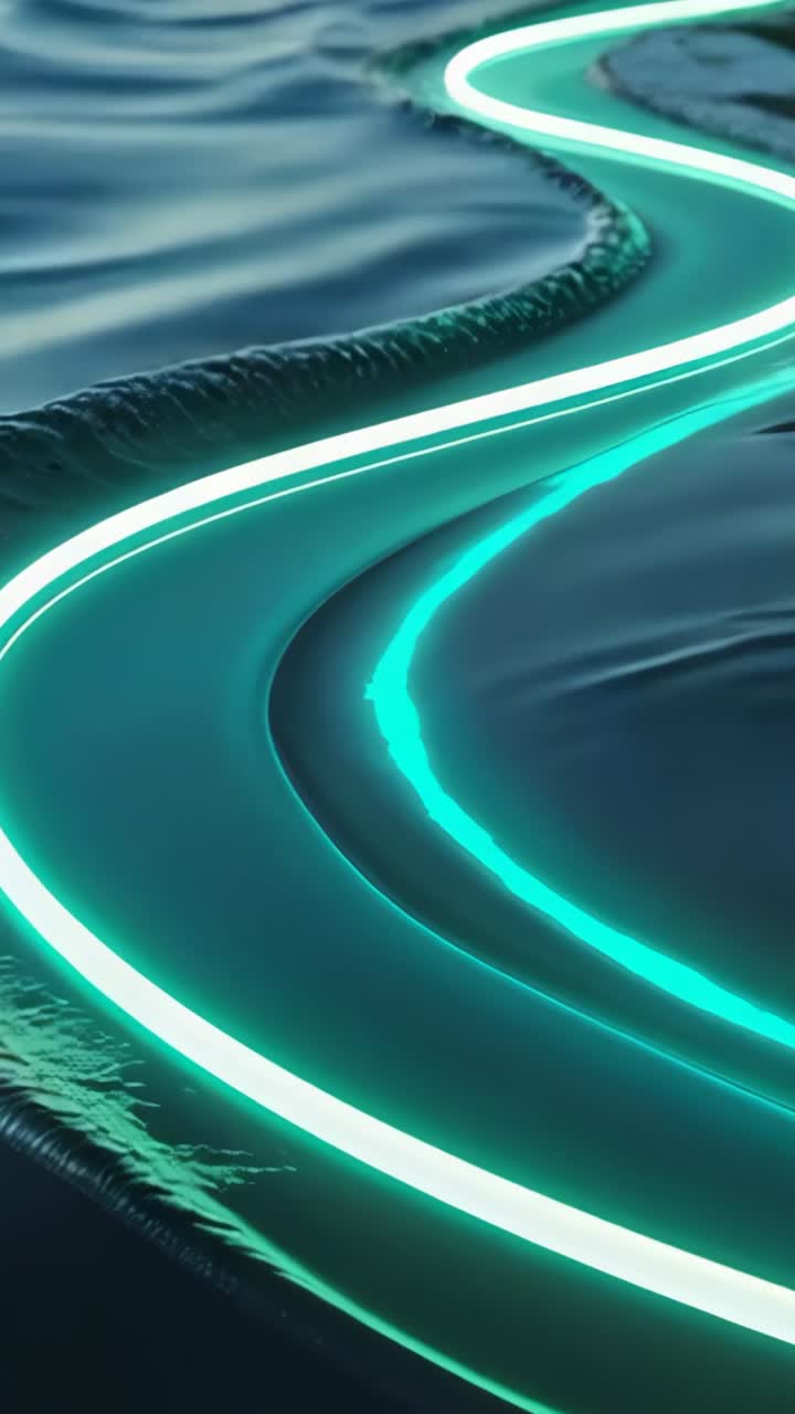 Vertical video: Initiating neon turquoise line sweeping across liquid surface, accentuating ripples