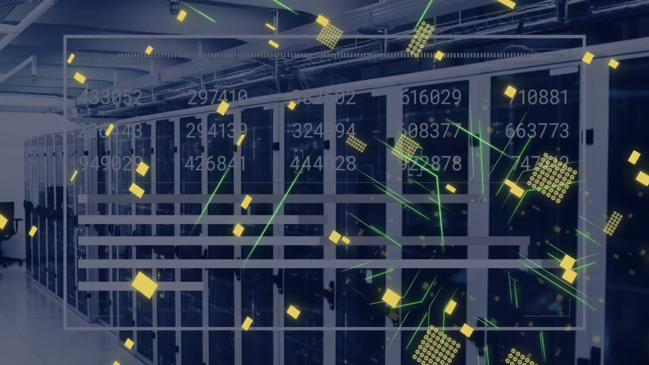 회로판의 애니메이션 및 컴퓨터 서버를 통해 디지털 데이터 처리