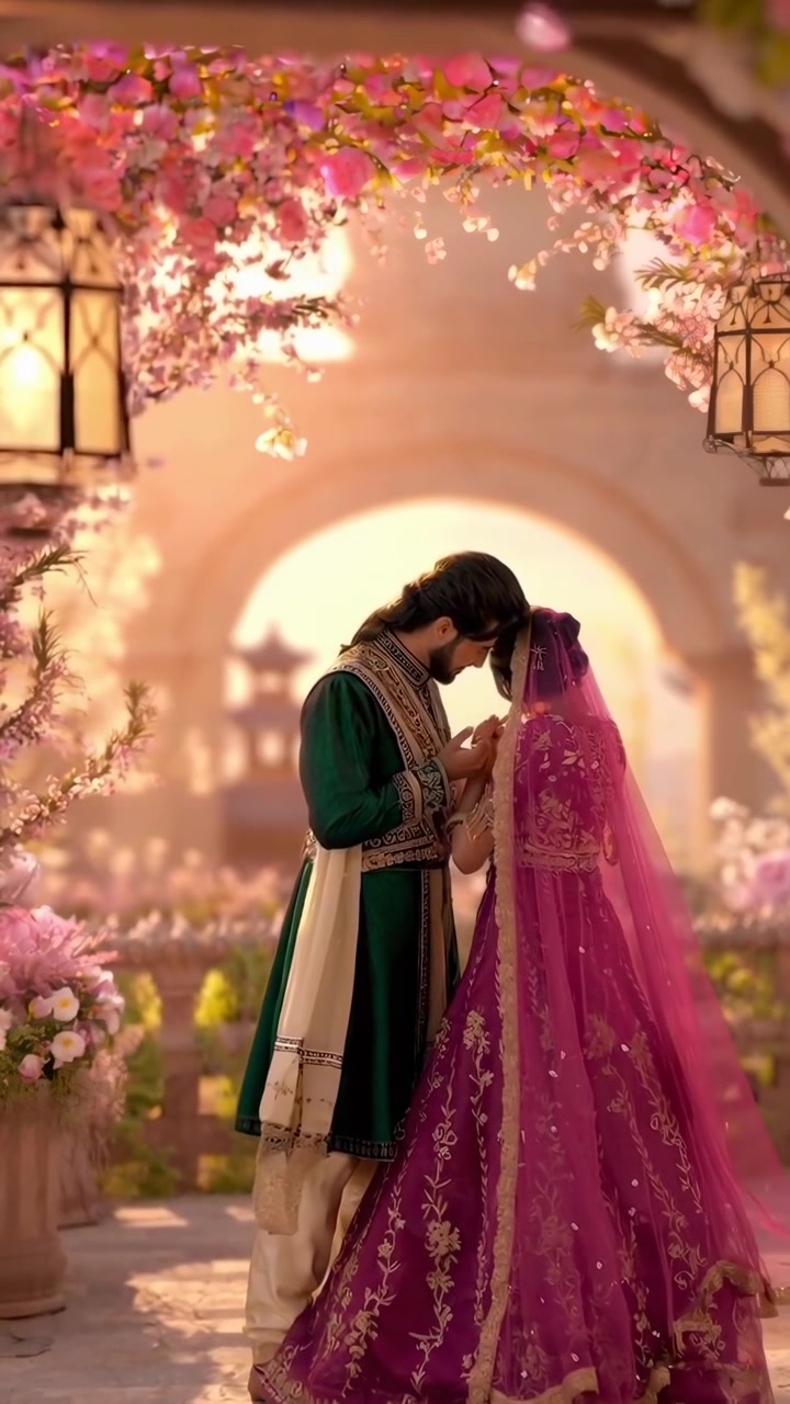 Romantic Couple in Traditional Attire Under a Floral Archway