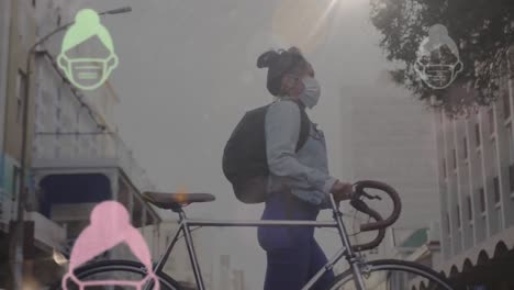 animation of a woman with a mask and a bike in the street over green and pink macro icons