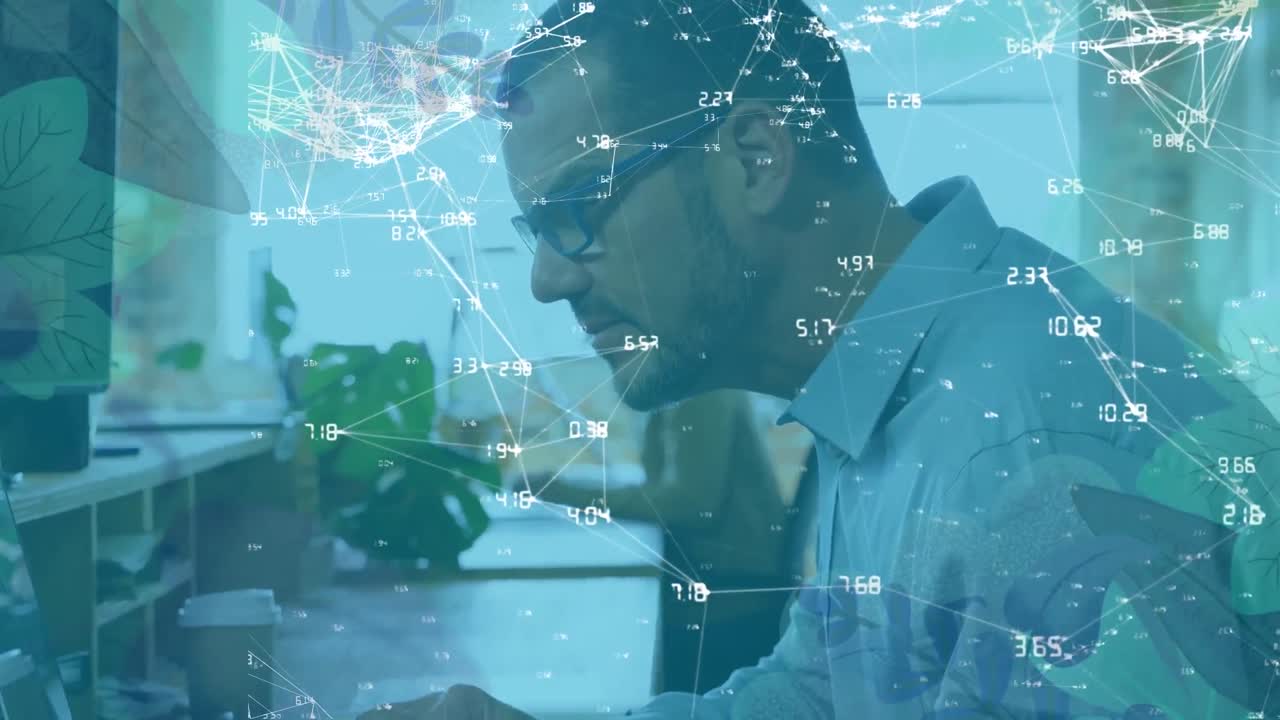 Animation of network of connections over businessman at desk using computer