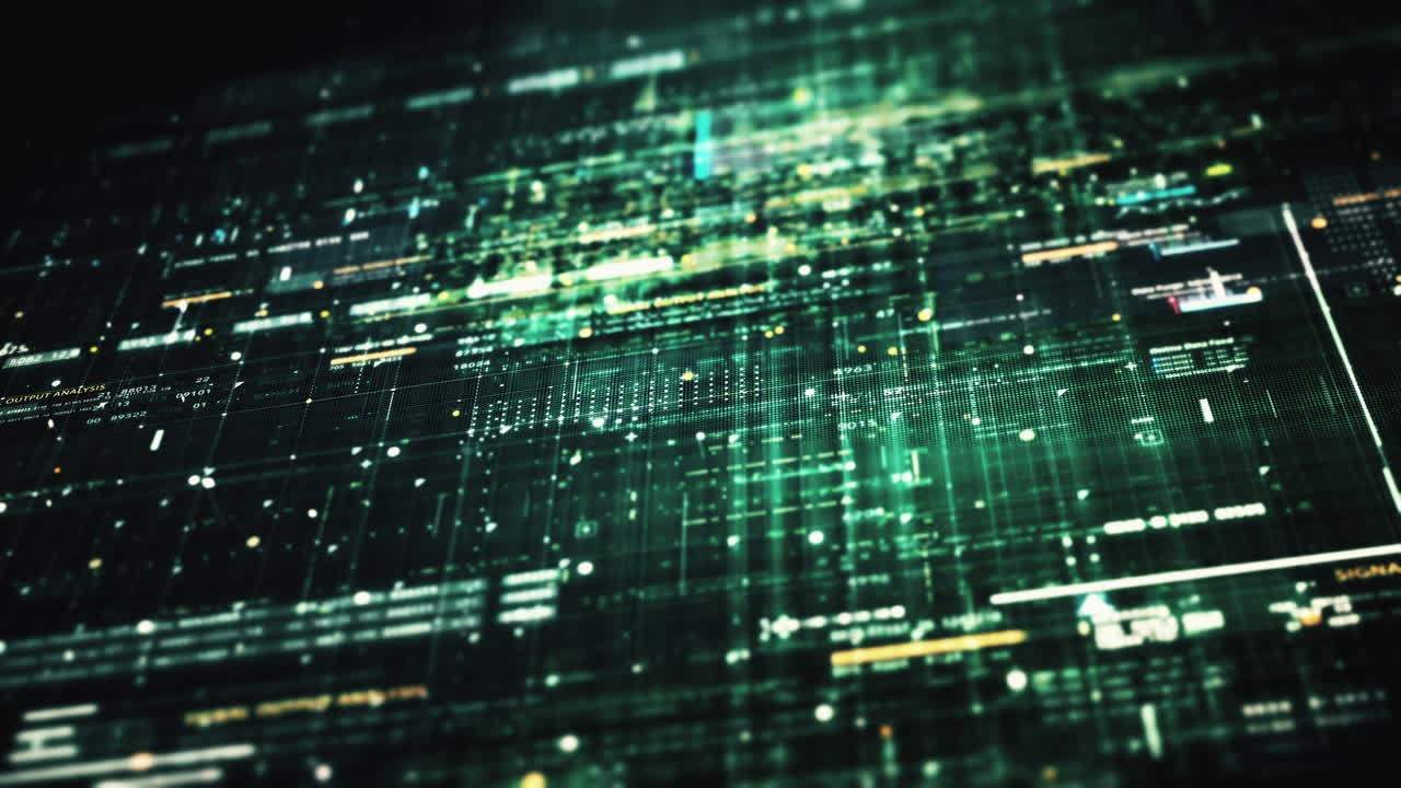 Advance data matrix, telemetry and encrypt numbers simulation user interface display in cyber space abstract de-focus environment background