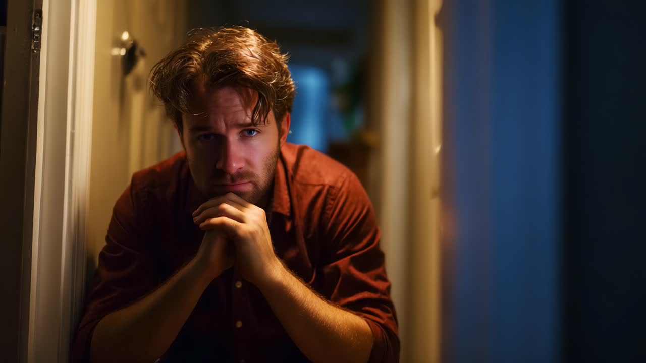 Un individuo pensativo contempla la vida con expresión de preocupación mientras está sentado en un pasillo con poca luz, capturando un momento de introspección y profunda reflexión