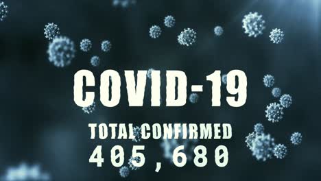 animazione delle cellule di macro coronavirus covid-19 che si diffondono sul totale delle parole confermate e numero in aumento