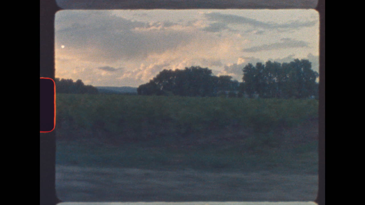 Drive-by view of Provence vineyards at sunset on vintage 8mm film