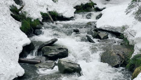 Schöner-Flusswasserfluss-Und-Schnee-Im-Winter.-Gebirgsfluss-Und-Schneebedeckte-Hügel.