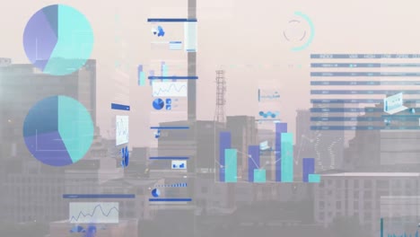 animation of statistical data processing against aerial view of cityscape