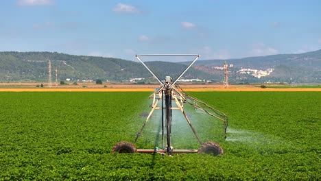 sistema de riego automático con rociadores basado en gps en el trabajo regando cultivos de algodón, vista aérea