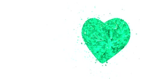abstract looped animated background: rotating luminous 3d emerald heart formed pieces and cubes of green spinning with stray pieces.  white background. seamless loop.