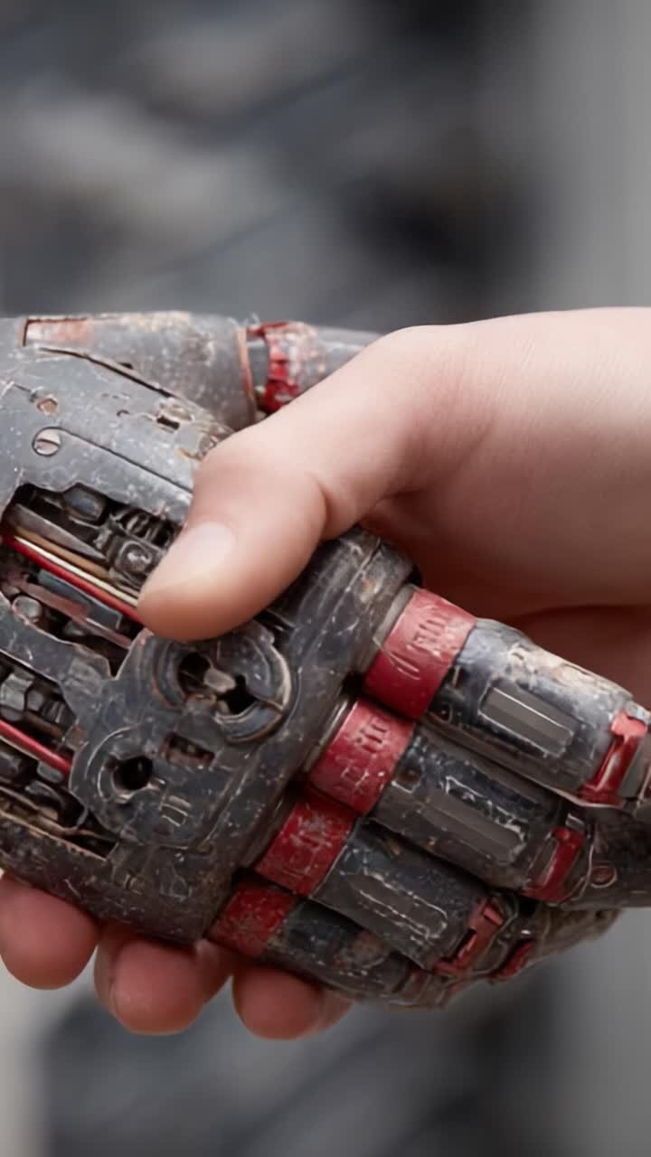 A Human Hand Shaking Hands with a Robotic Mechanical Hand, Showcasing the Fascinating Fusion of Technology and Humanity in a Close-up Perspective