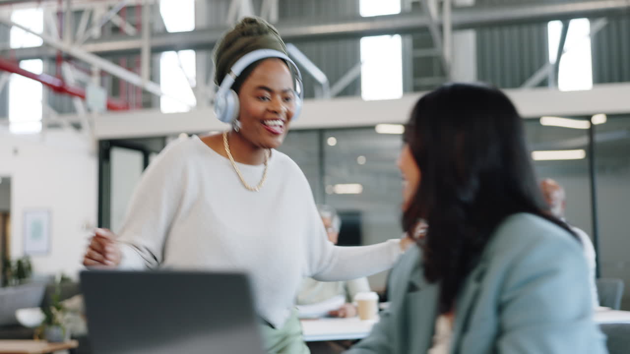 Dance, headphones and business woman dancing
