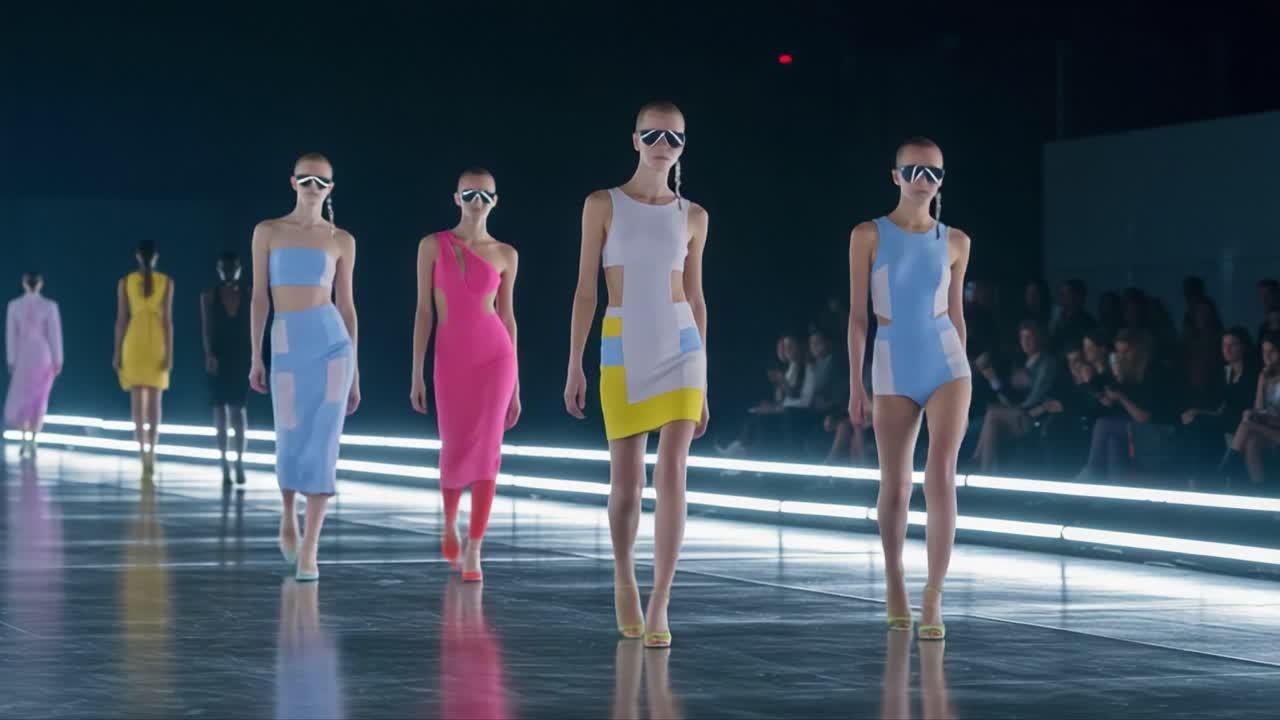 A Stunning Fashion Showcase: Models Grace the Runway in Vibrant, Contemporary Styles Featuring Colorful Outfits and Bold Accessories Under Dramatic Lighting